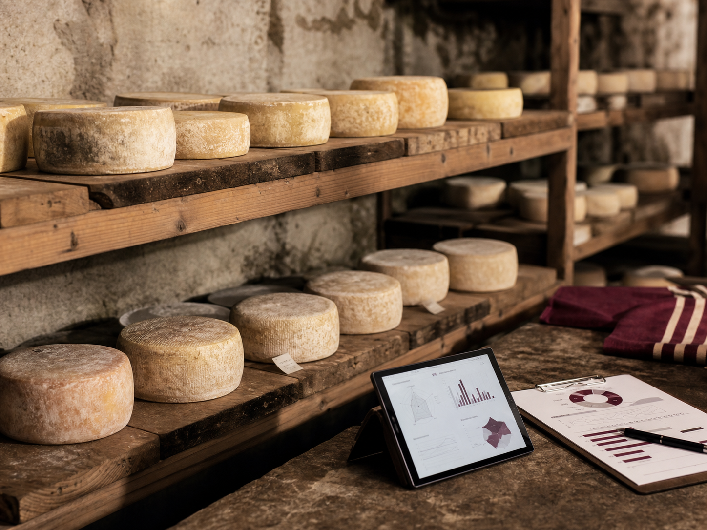 Fromages en cave d'affinage avec documents d'analyse