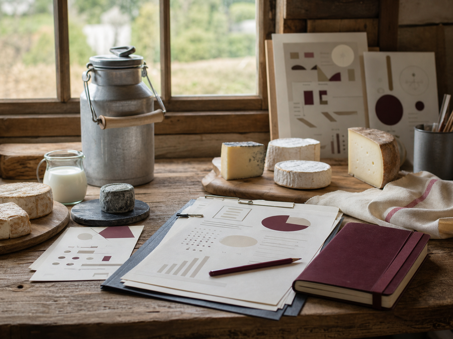 Échantillons de fromages, lait et documents de stratégie produit dans une coopérative